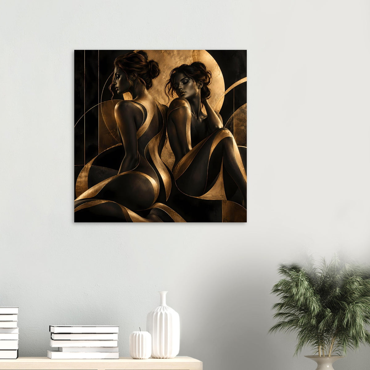 Kunstposter quadratisch gerahmt: zwei Frauenakt-Silhouetten, Schwarz und Gold