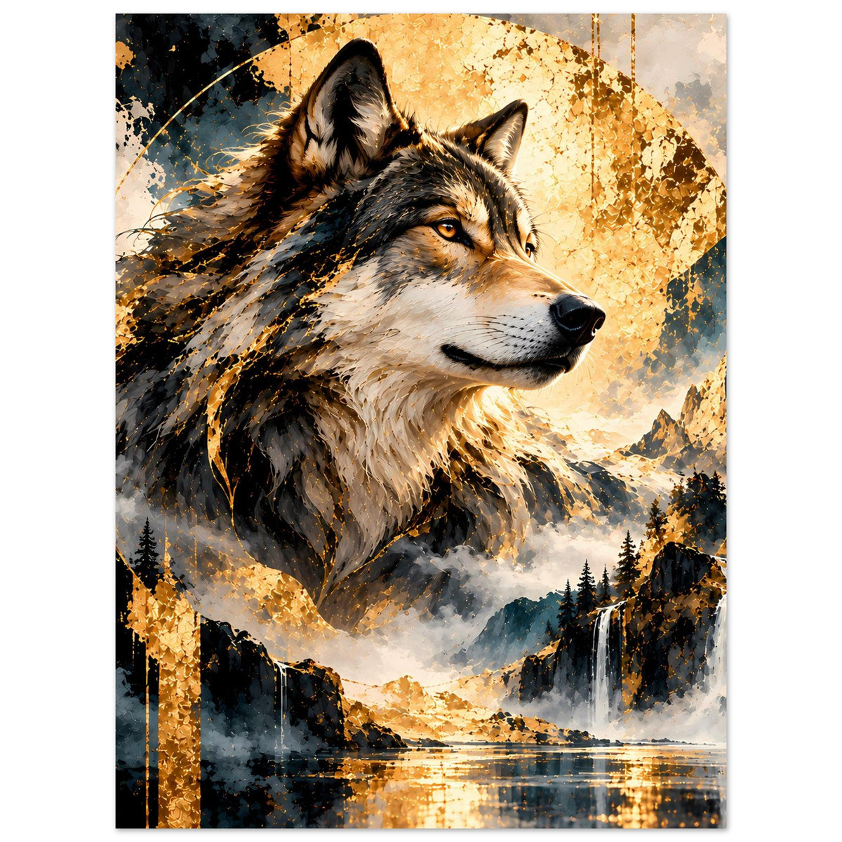 Wolfs-Artposter im Hochformat, Wolf bei Blick nach vorn mit goldglänzender Farbwelt