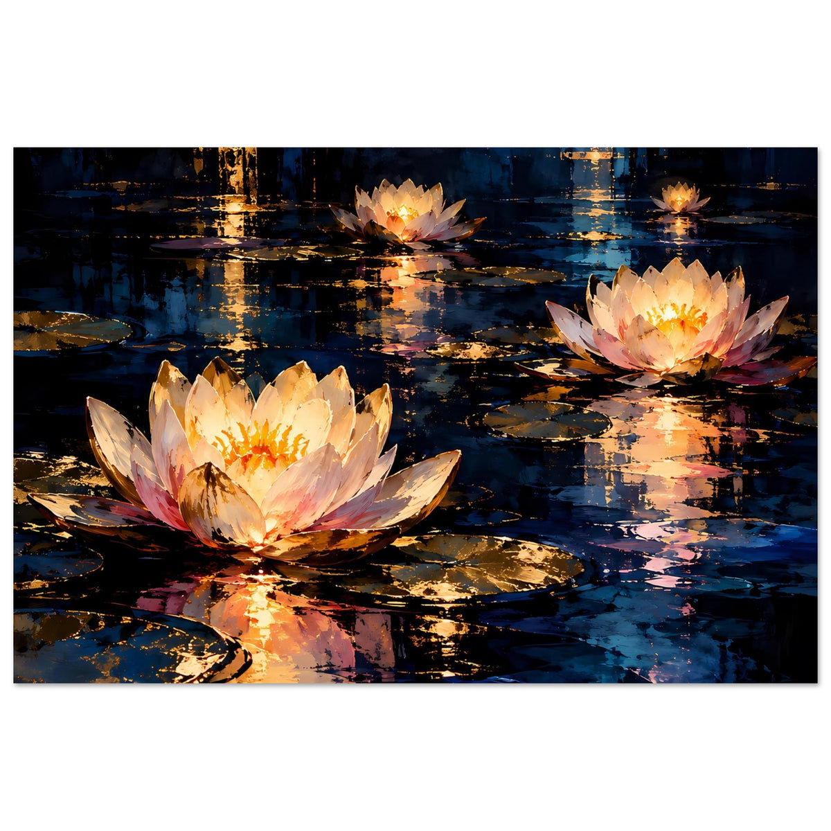 Blumenposter mit drei Seerosenblüten und reflektierenden Lichtpunkten, tiefblau und Gold