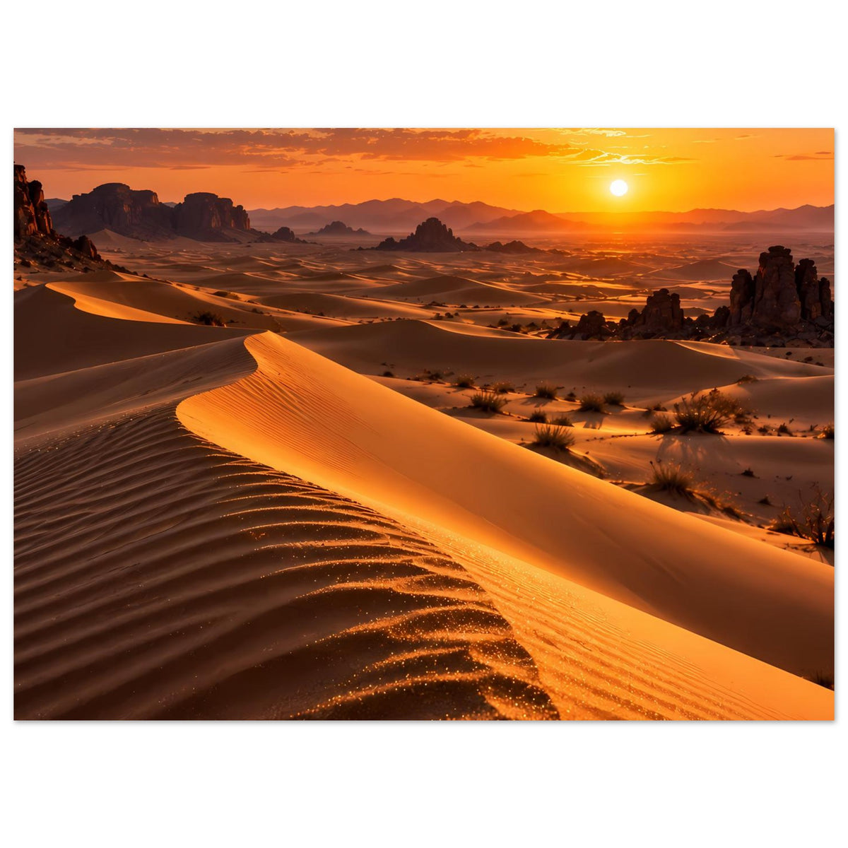 Horizontales Wüstenlandschaft-Poster mit Sanddünen, Nebel im Tal und Sonne am Himmel