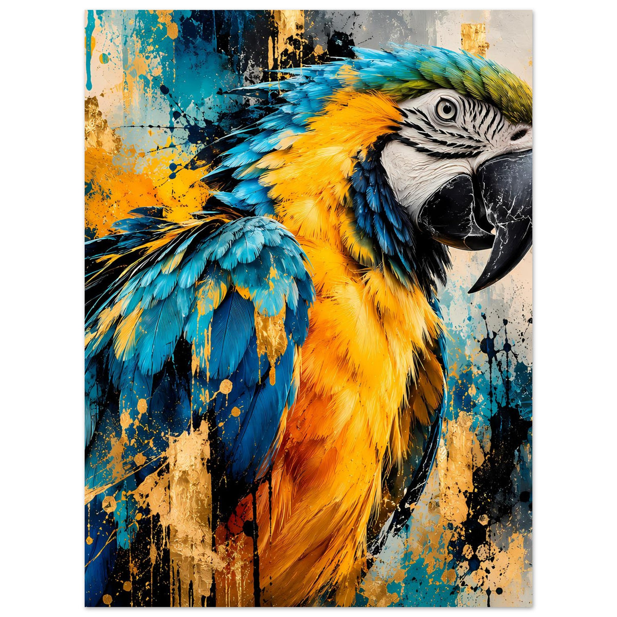 Kunstdruck Papagei mit türkisblauen und gelben Flügelfedern, Kopf rechts