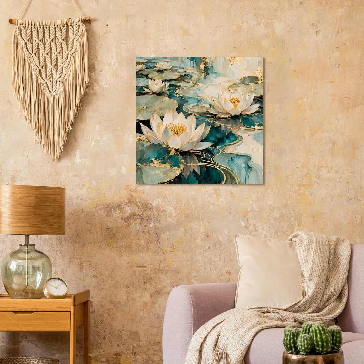 Quadratisches Lotusblüten-Wandbild mit blau-türkisem Wasser und goldenen Akzenten