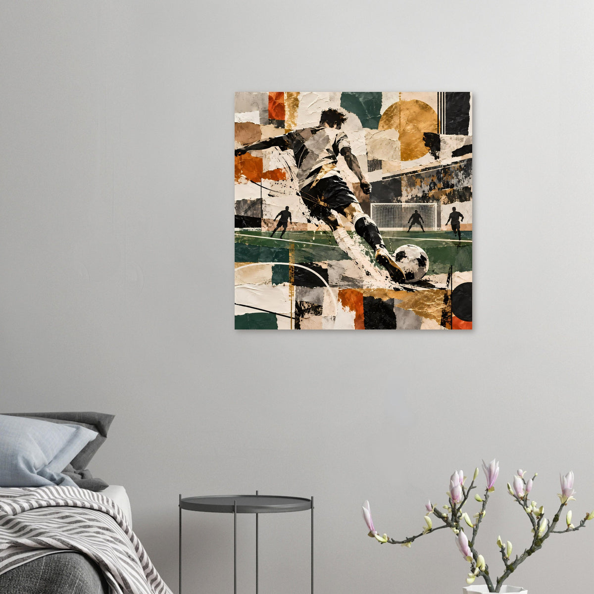 Kleines Fußball-Actionposter, abstrakte Spieler-Collage mit Ball und Torrahmen