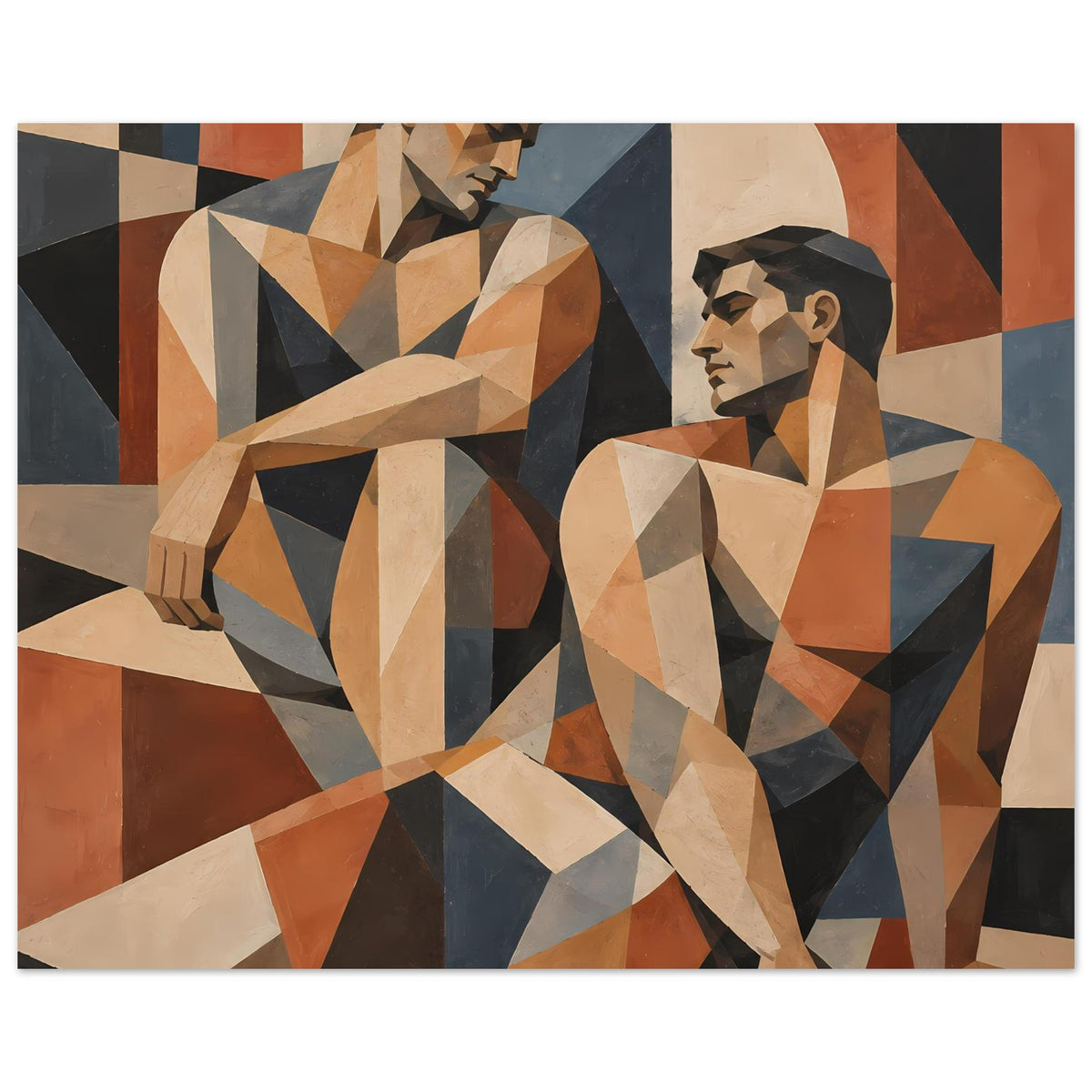 Geometrisches Kunstposter im Querformat, zwei Figuren im Polygonstil, beige, orange und dunkelblau