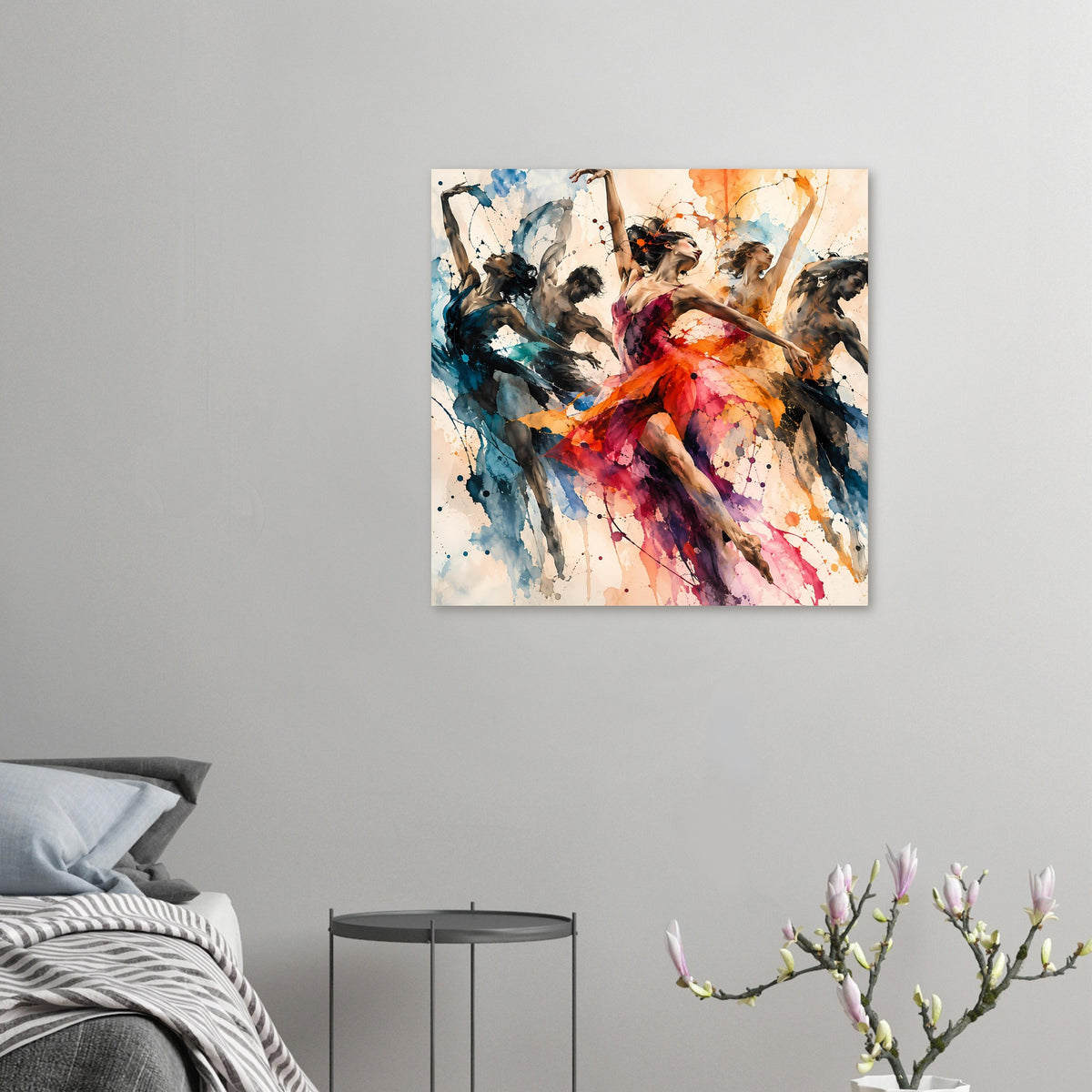Tanzkunst-Poster in kleinem Format mit buntem Aquarellmotiv, Tänzerin in Rot-Orange und Blau