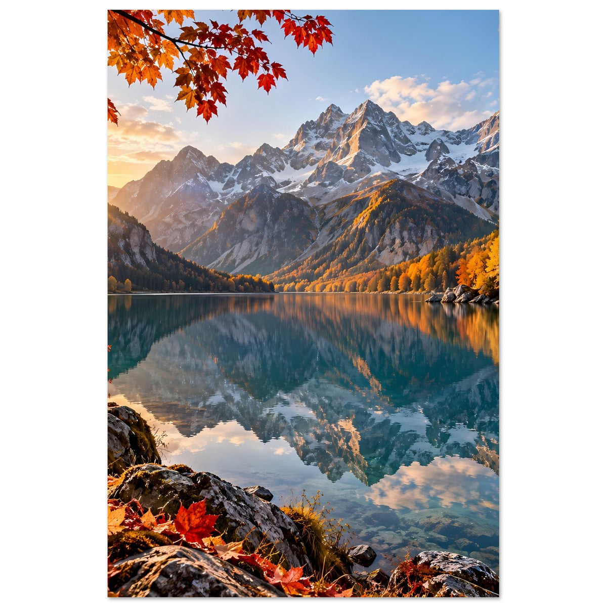 Herbstlandschafts-Poster mit dramatischen Alpenbergen, See-Spiegelbild und orangefarbenem Laub am Rand