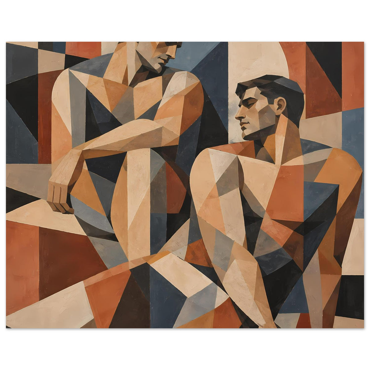 Kunstposter im Querformat: geometrische Porträts zweier Männer in warmen Orange- und Beigetönen