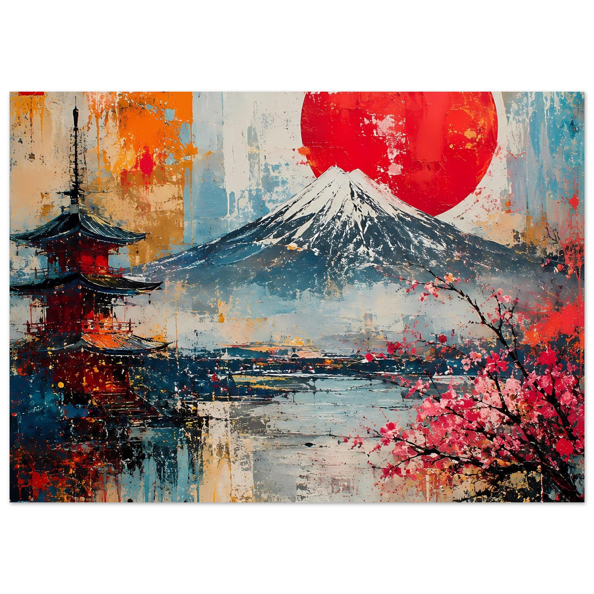 Japanisches Poster mit Fuji, roter Sonne und Kirschblüten, Tempel links im Motiv