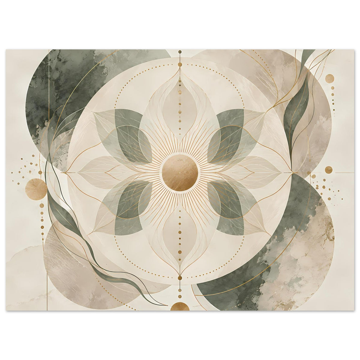 Breites Zen-Mandala-Poster mit rundem Lotus, Beige, Grün und goldenen Linien