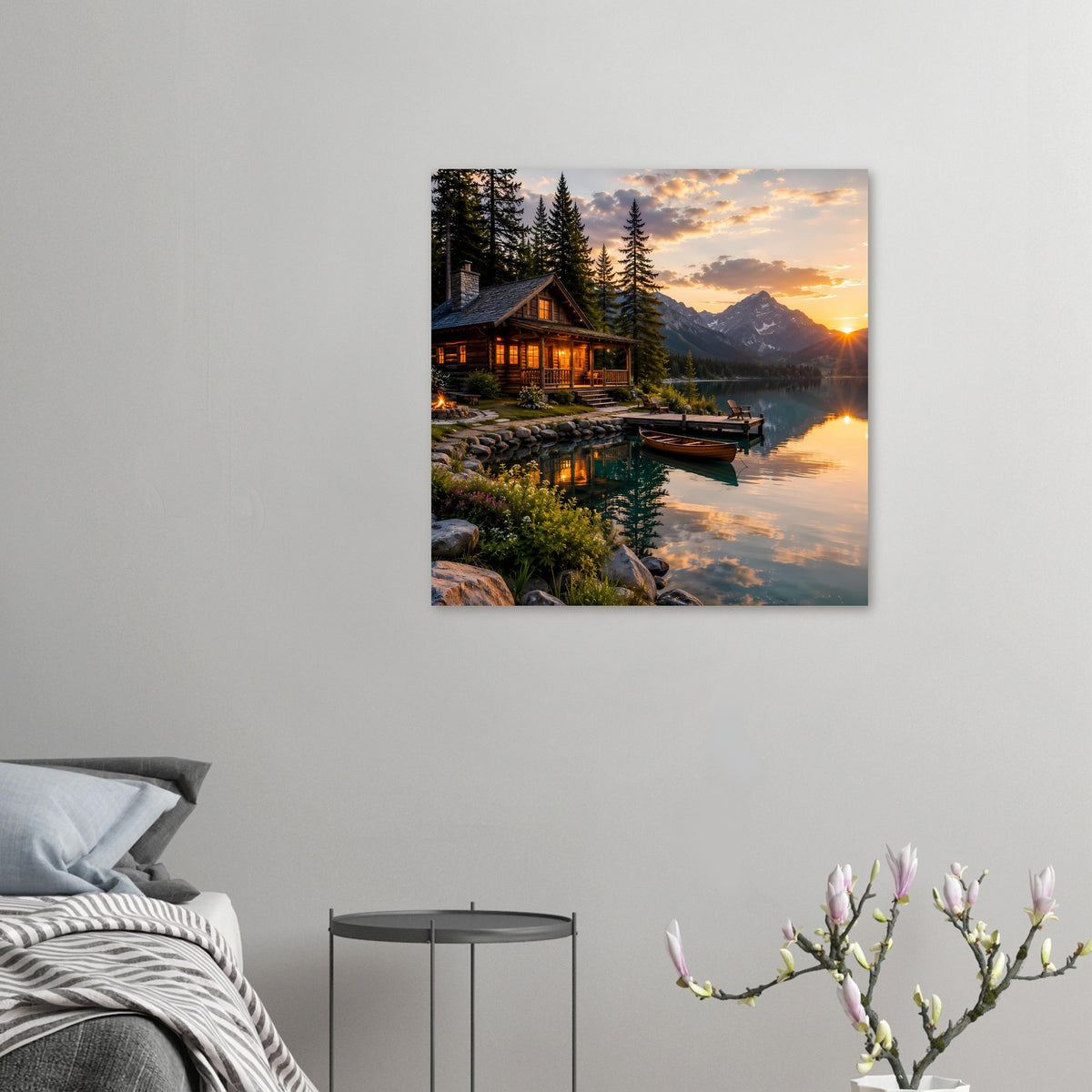 Kleines Landschaftsposter mit Holzhaus am See, Boot und Bergen, Sonnenuntergang