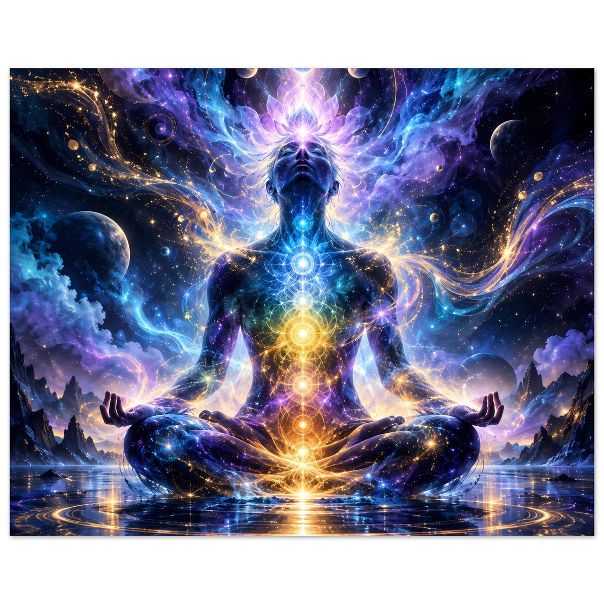 Spirituelles Wandposter im Querformat: meditierende Person mit farbigen Chakra-Kugeln