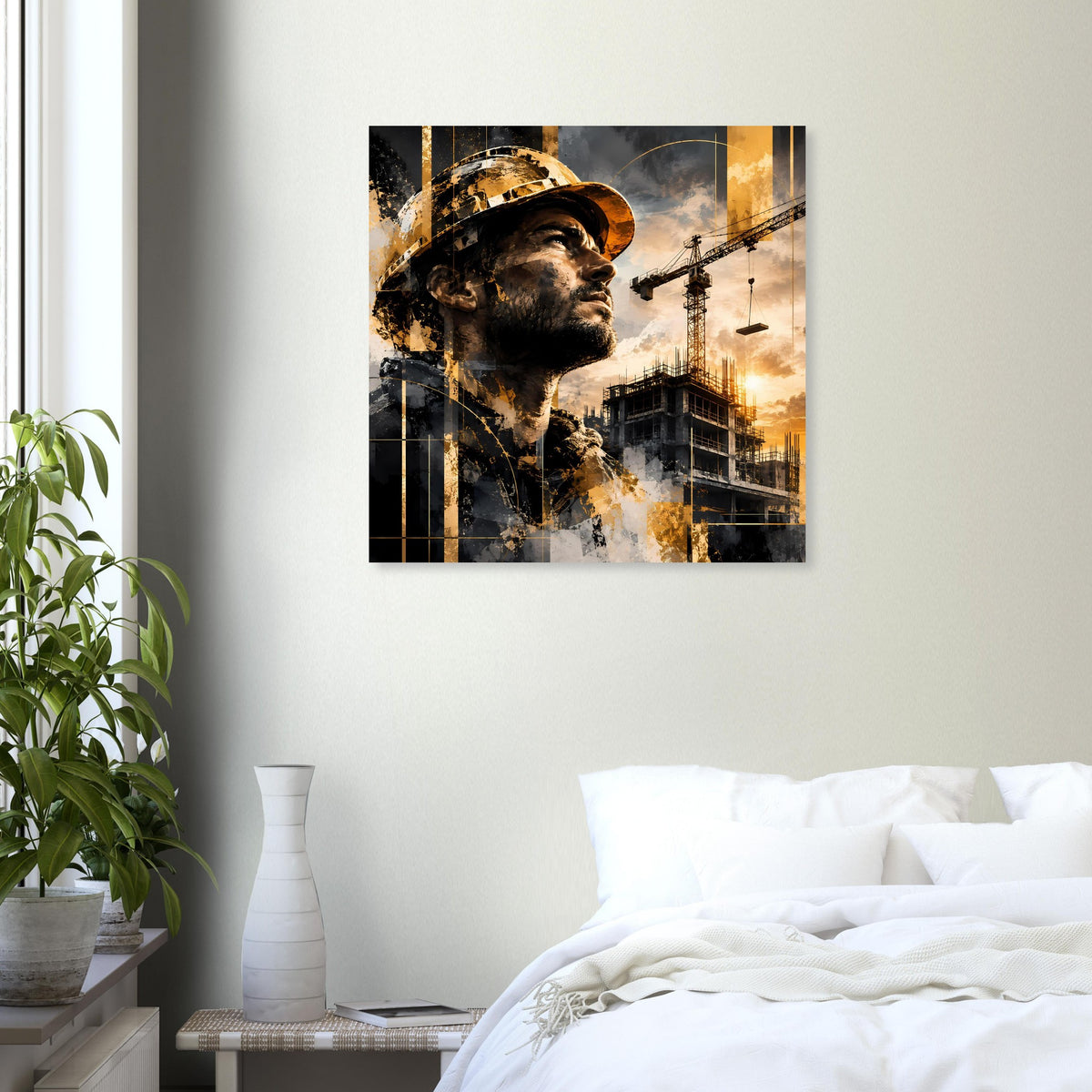 Poster im Querformat: Bauarbeiterporträt mit goldenen Lichttönen und Industrie im Hintergrund