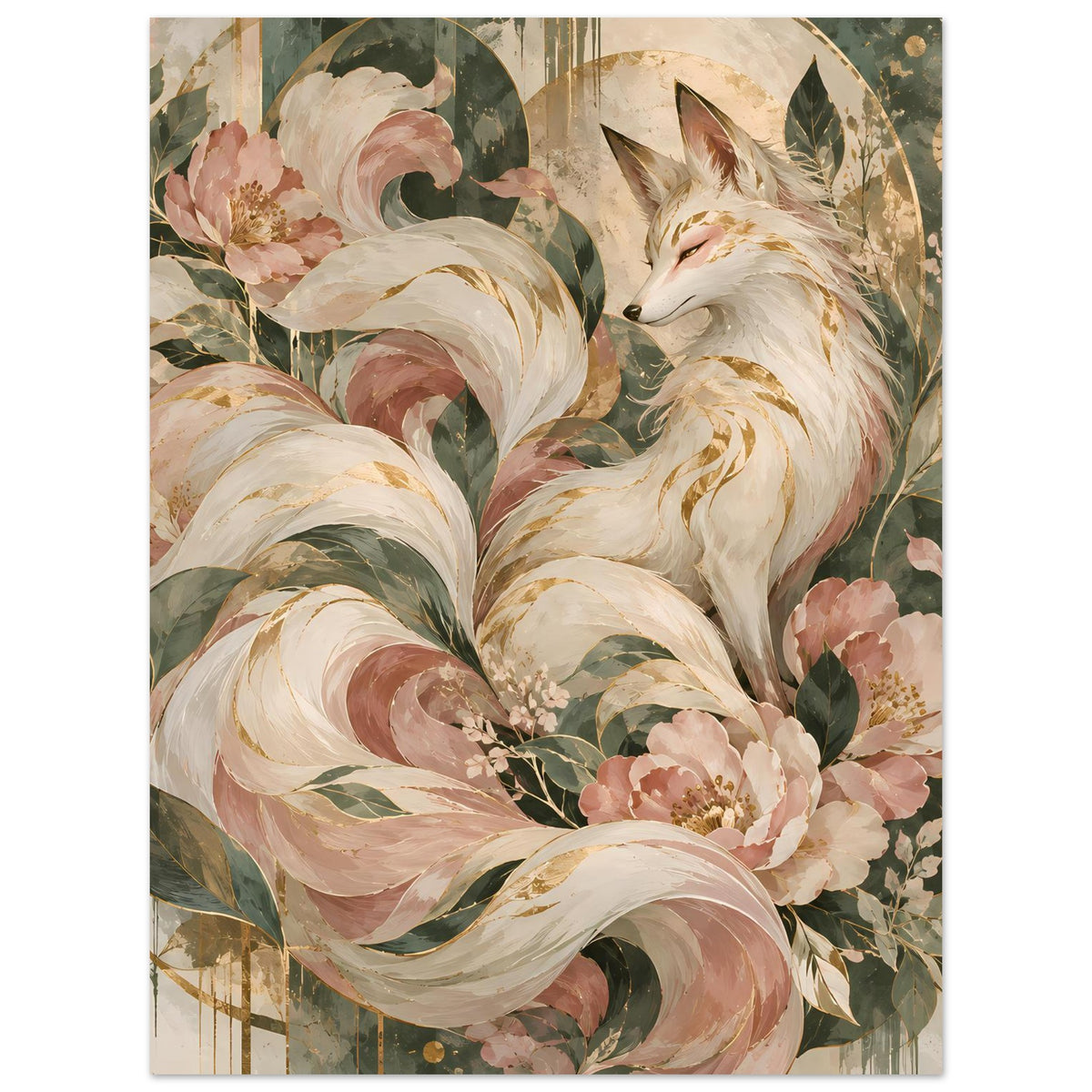 Vertikales Poster mit mystischem Fuchs, floralen Motiven in Rosé, Grün und Gold