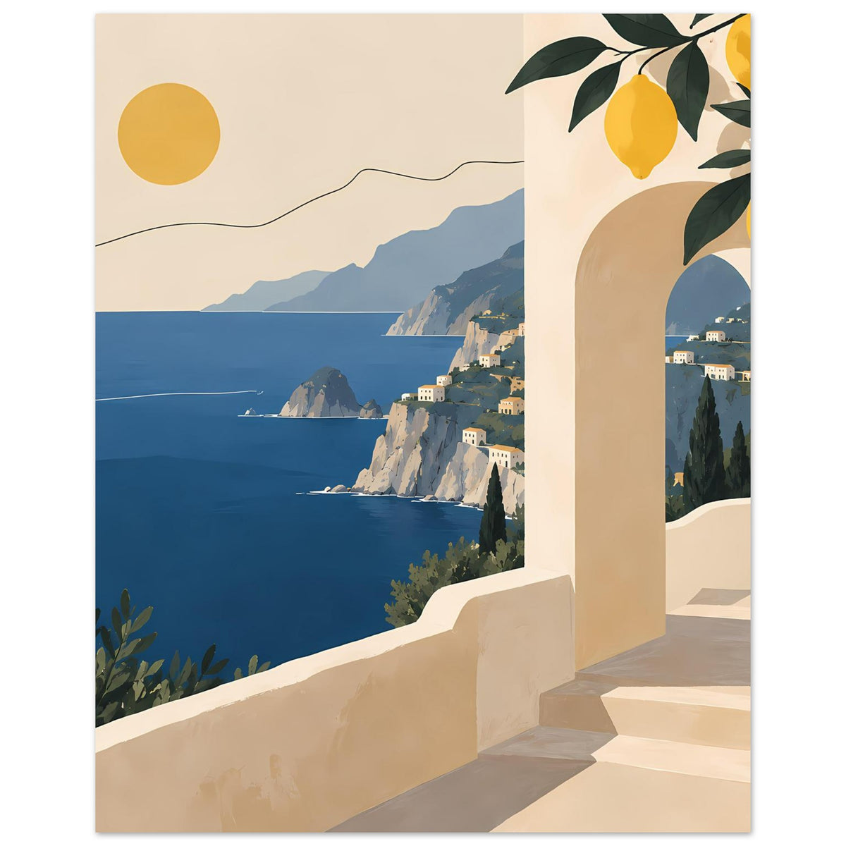 Mediterranes Landschaftsposter mit Aussicht auf Küste und Meer, Balkonbogen und Zitronen