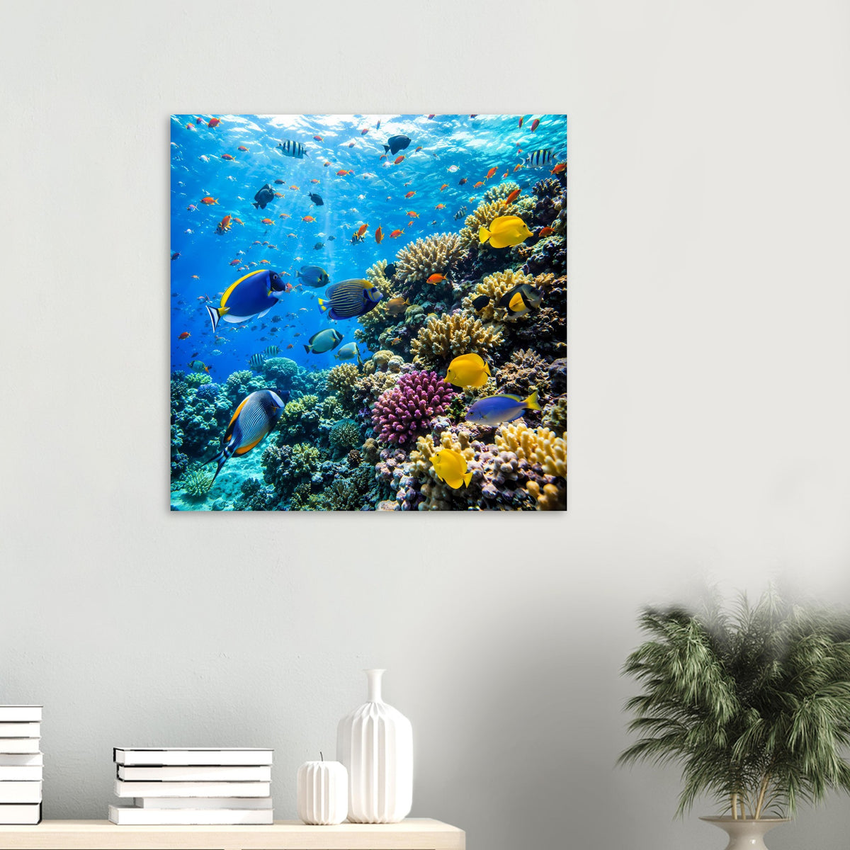Quadratisches Poster mit Korallenriff und tropischen Fischen, Blick über den Riffkamm
