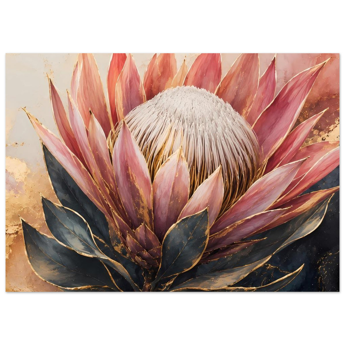 Botanisches Poster mit Königsprotea in Altrosa und Gold: weißes Büschel und ausladende dunkle Blätter.