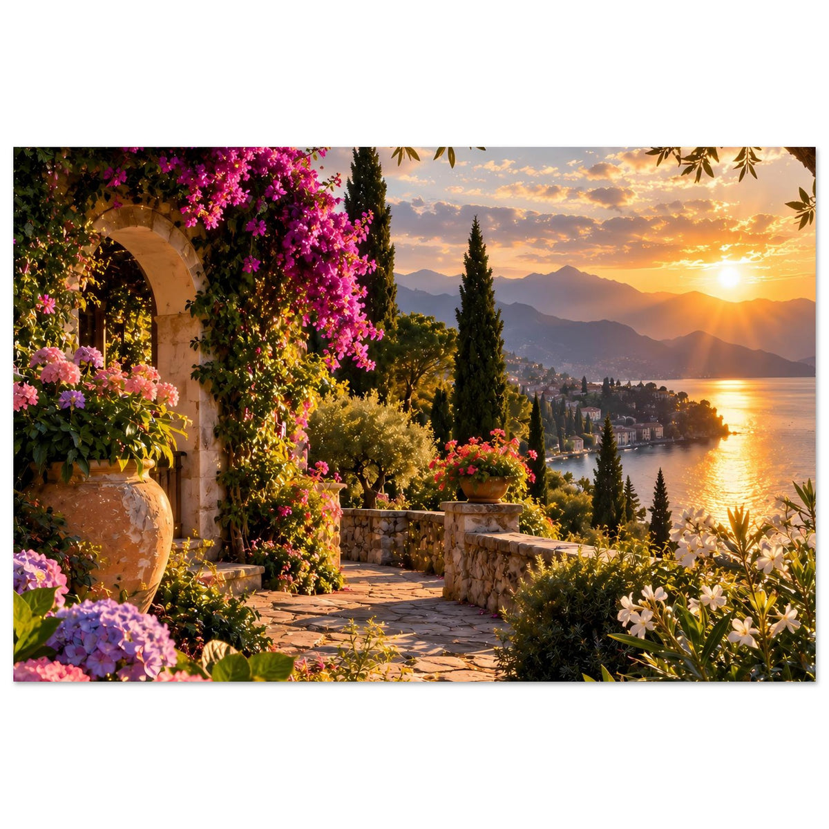 Poster: mediterraner Garten mit Terrassenweg, Blütenpflanzen, Bergen und Abendsonne über Wasser