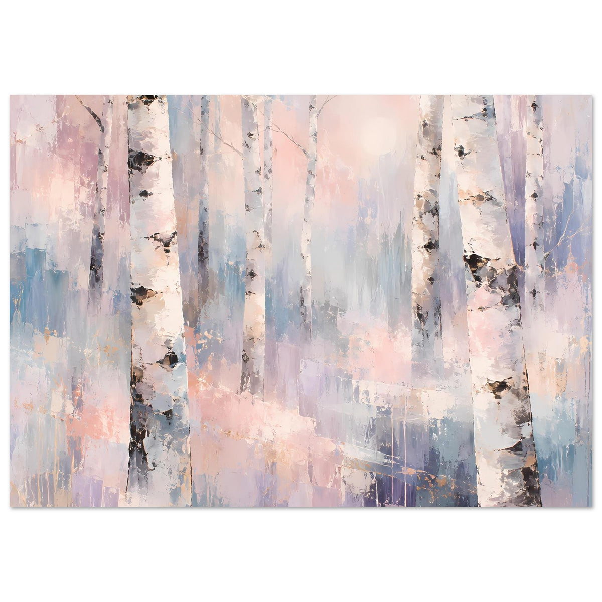 Pastell-Naturposter mit Birkenwald, weißen Stämmen und blassblauen, rosafarbenen Akzenten.