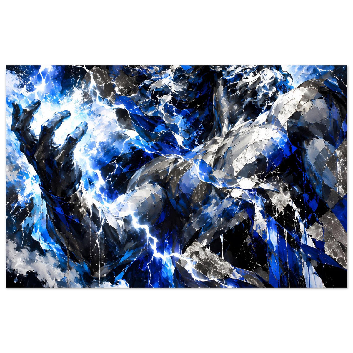 Breites Querformat-Poster mit abstrakter Blitzszene und Zeus-Figur, blau-grau