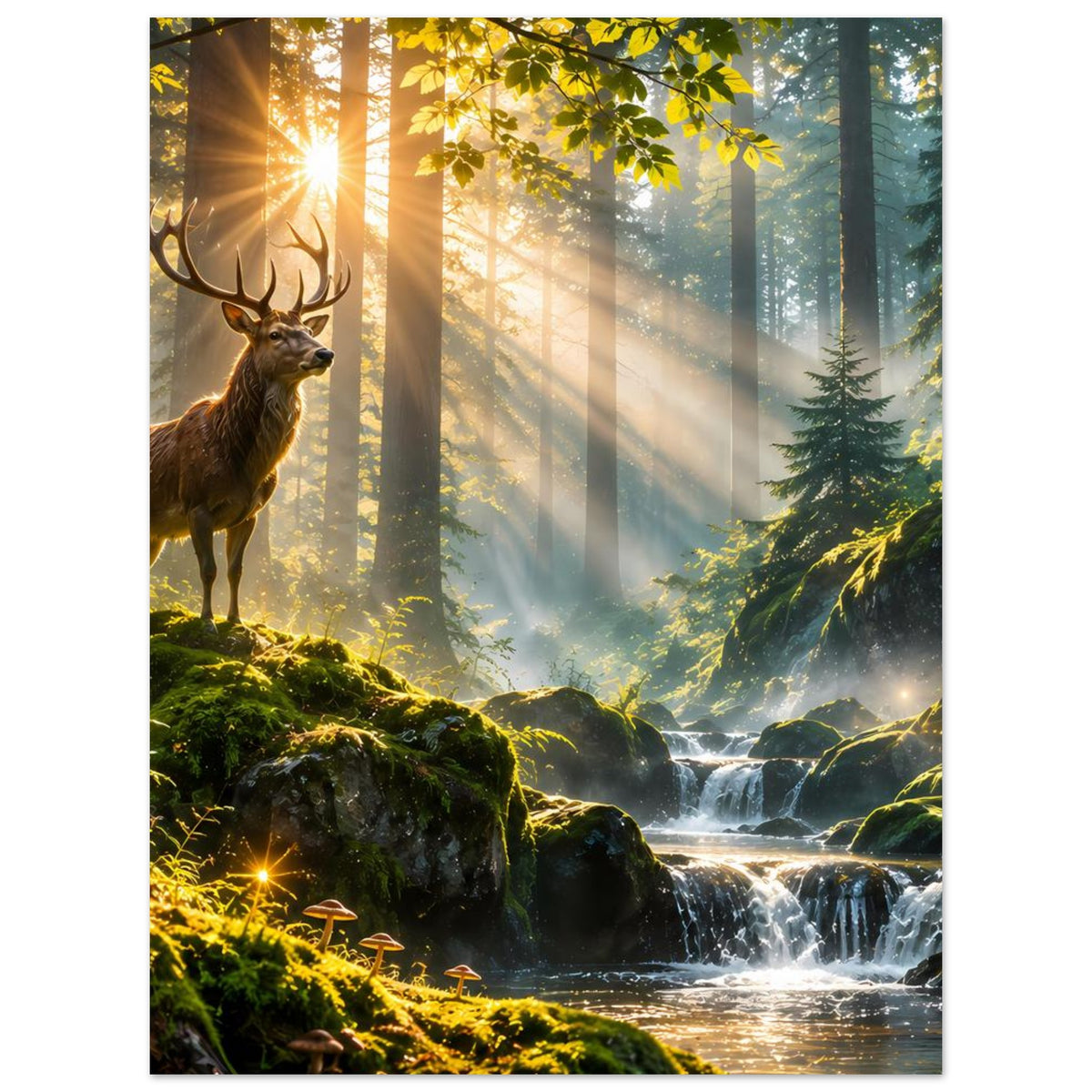 Poster mit Hirsch auf moosigem Fels im Wald, Sonnenstrahlen, Wasserfall und Tannenzapfen
