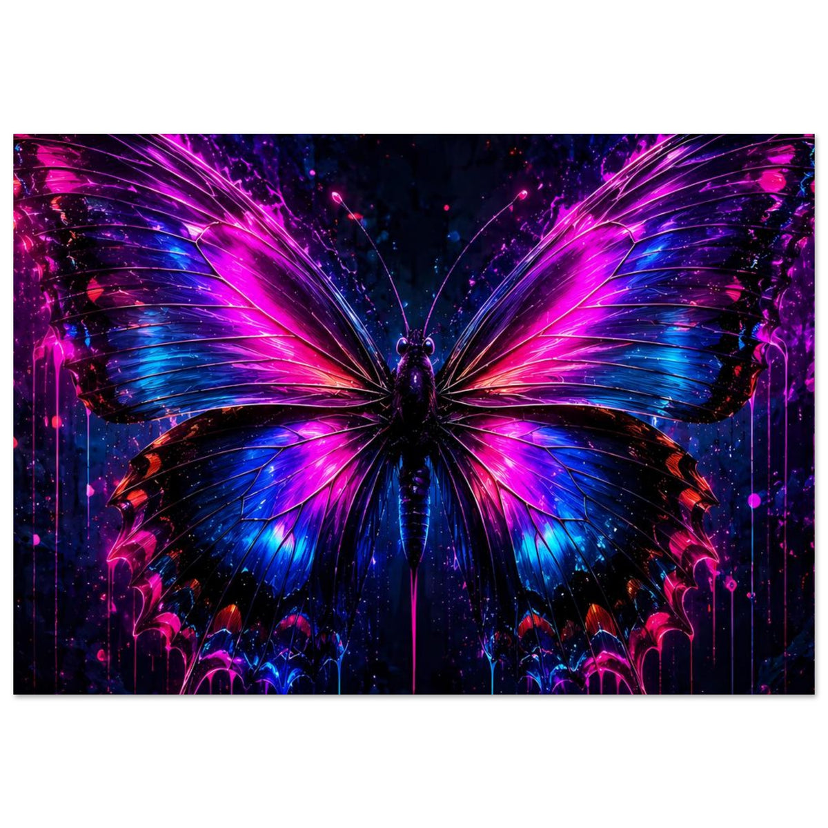 Neon-Schmetterling Poster im Querformat, leuchtende Flügel mit Pink-Blau-Übergängen
