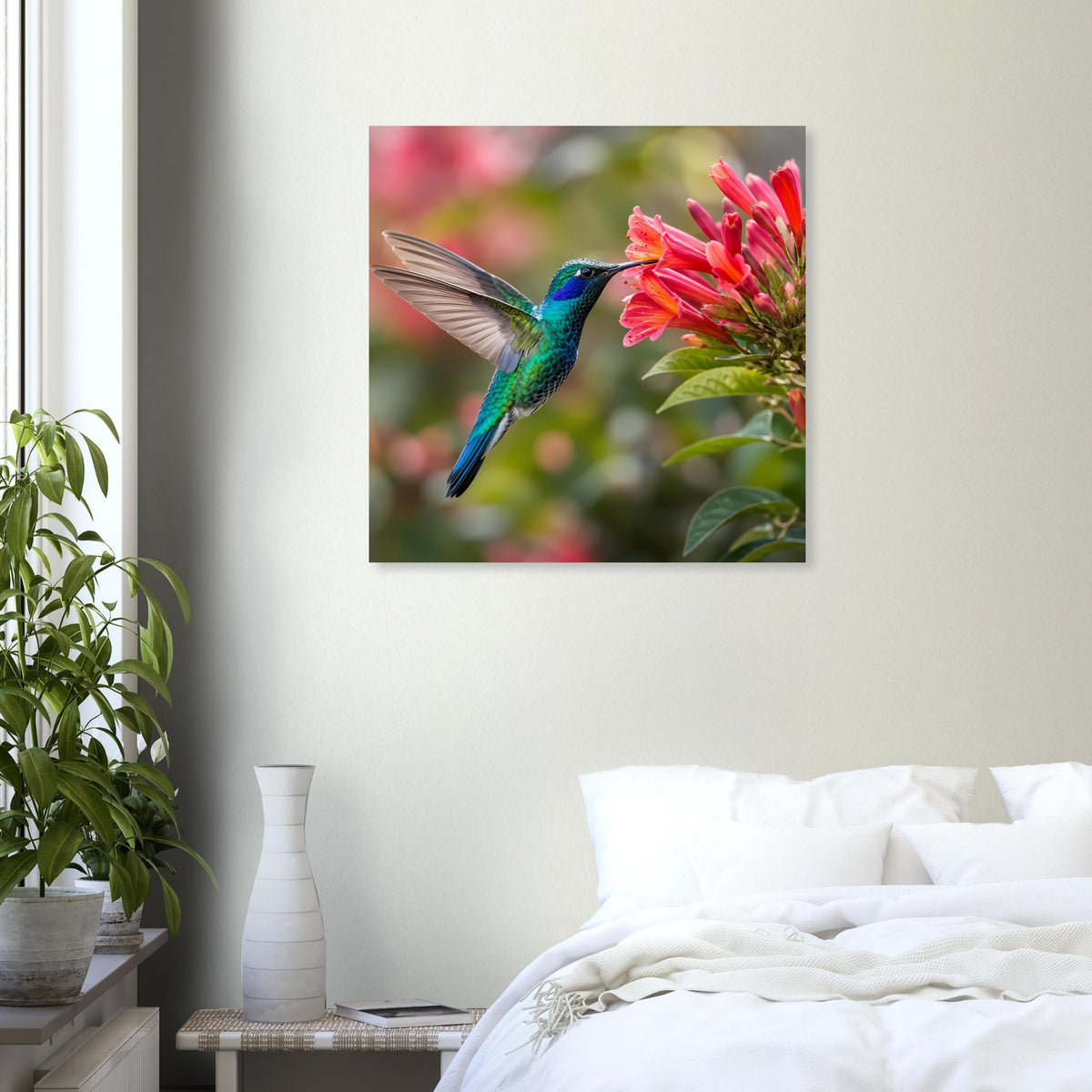 Gerahmtes Naturposter mit Kolibri am Blütenzweig und rosa Blüten