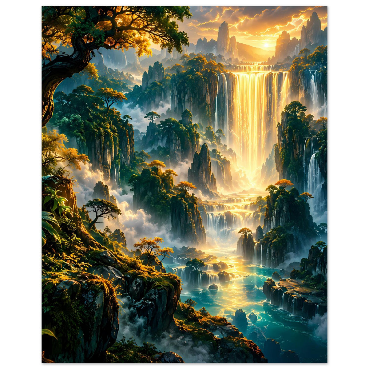 Vertikales Poster mit goldenem Wasserfall, alten Bäumen und Nebelbergen