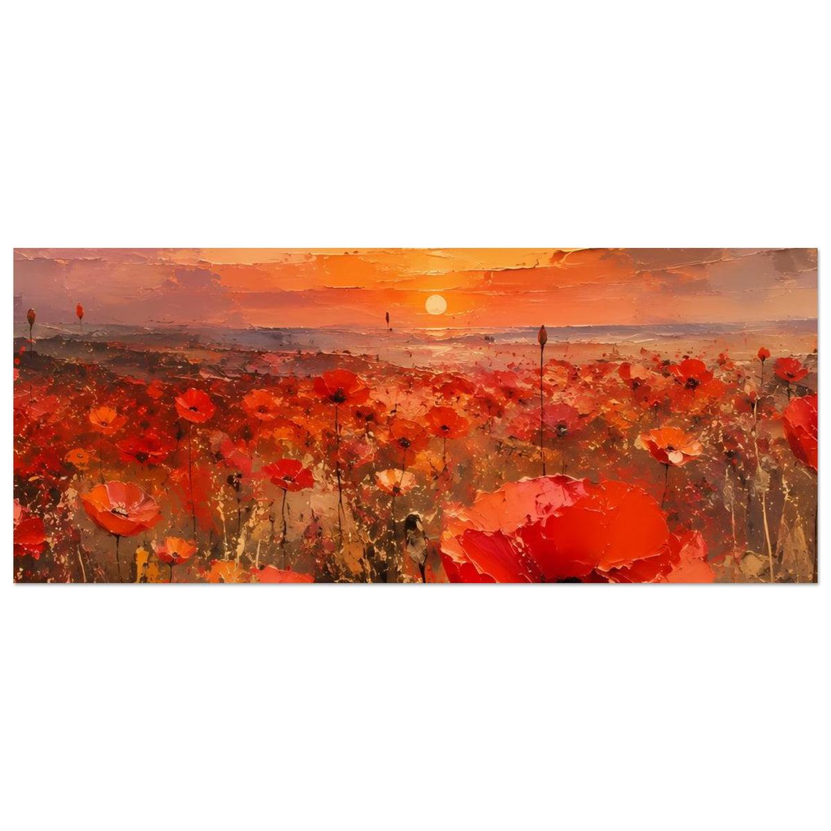 Querformat-Poster: rotes Mohnfeld, orange Sonne und langer Abendhimmel