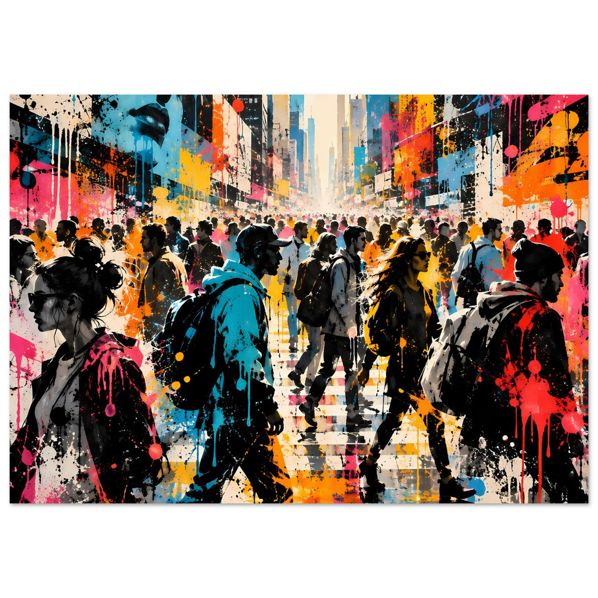 Street-Art-Poster mit Fußgängern und Farb-Sprays, starke Kontraste in Blau, Orange und Pink, rechteckig