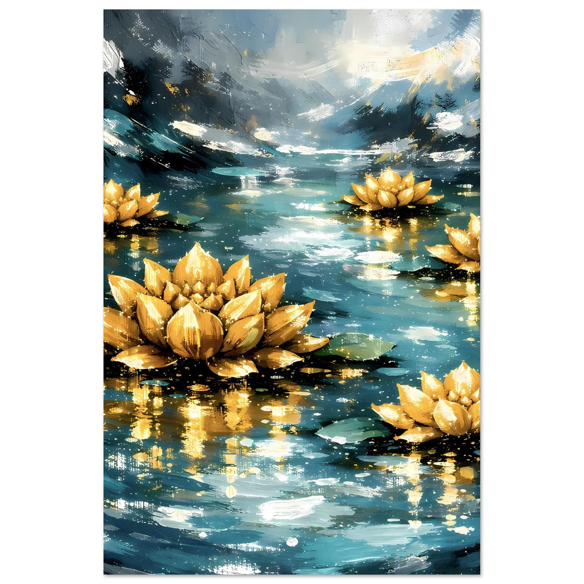 Vertikales Poster: große goldene Lotusblüte vorn, weitere Blüten im Teich