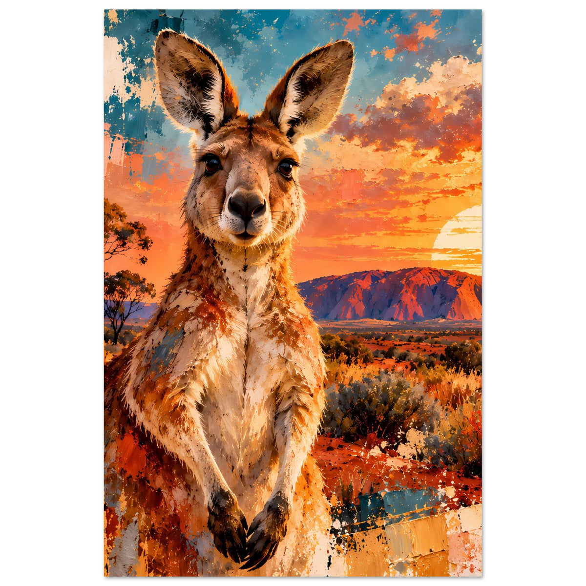Vertikales Poster mit Känguru und farbenfroher Landschaft im Sonnenuntergang