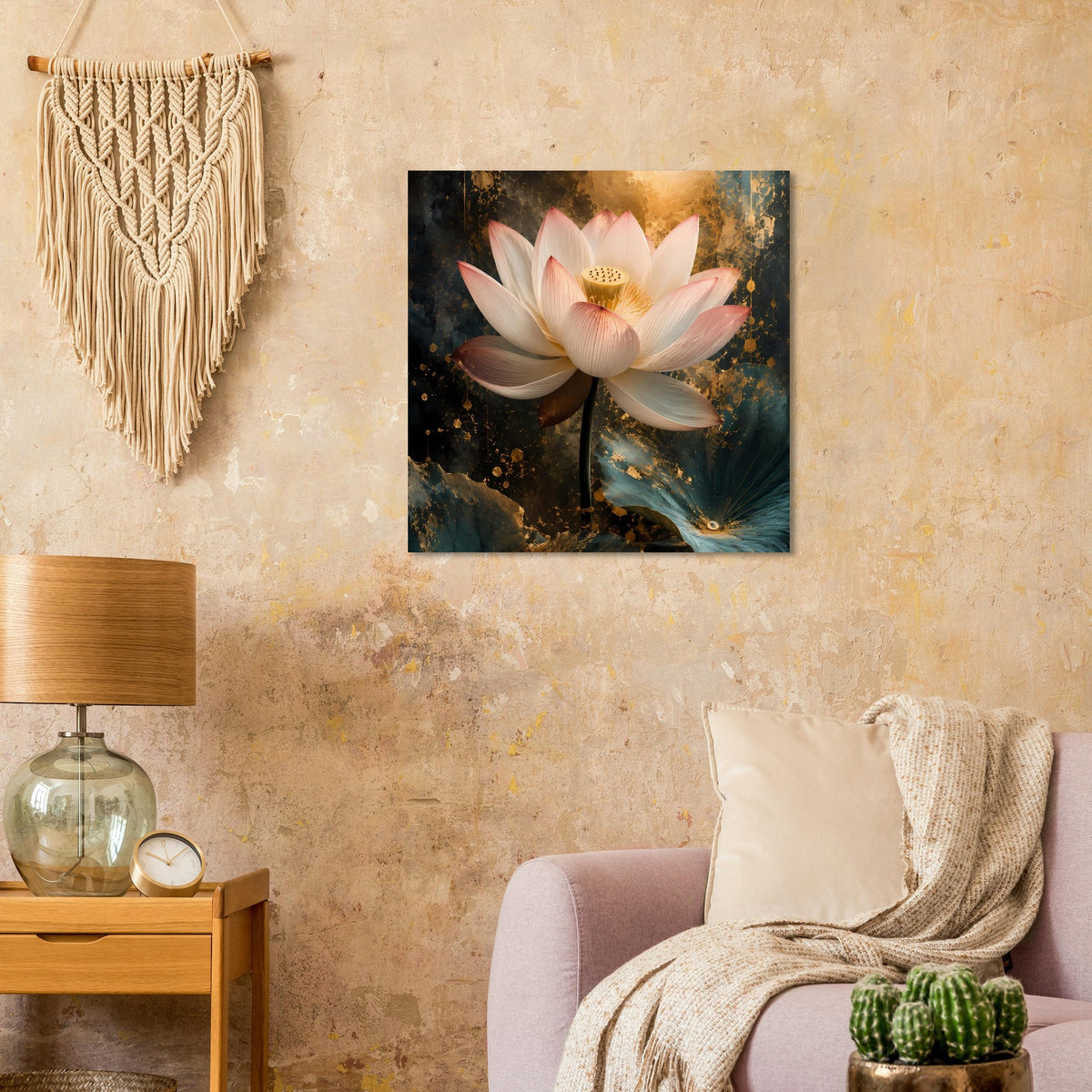 Poster mit weißer Lotusblüte und goldenen Akzenten, petrolfarbener Farbfläche