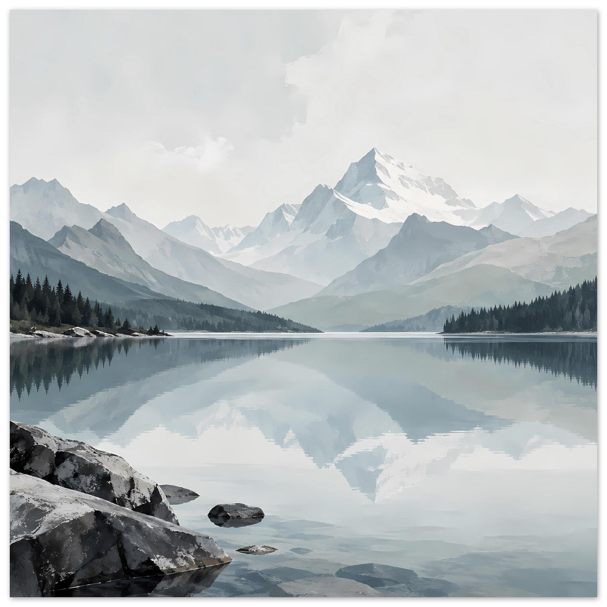 Horizontales Kunstprint-Poster: ruhiger Bergsee mit Spiegelung der Alpen und Steinen