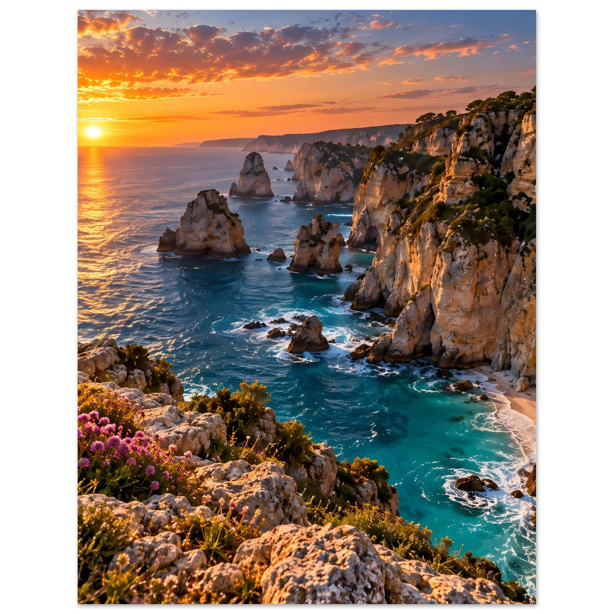 Küstenposter mit Abendhimmel, Felsen im Meer und türkisfarbenem Wasser