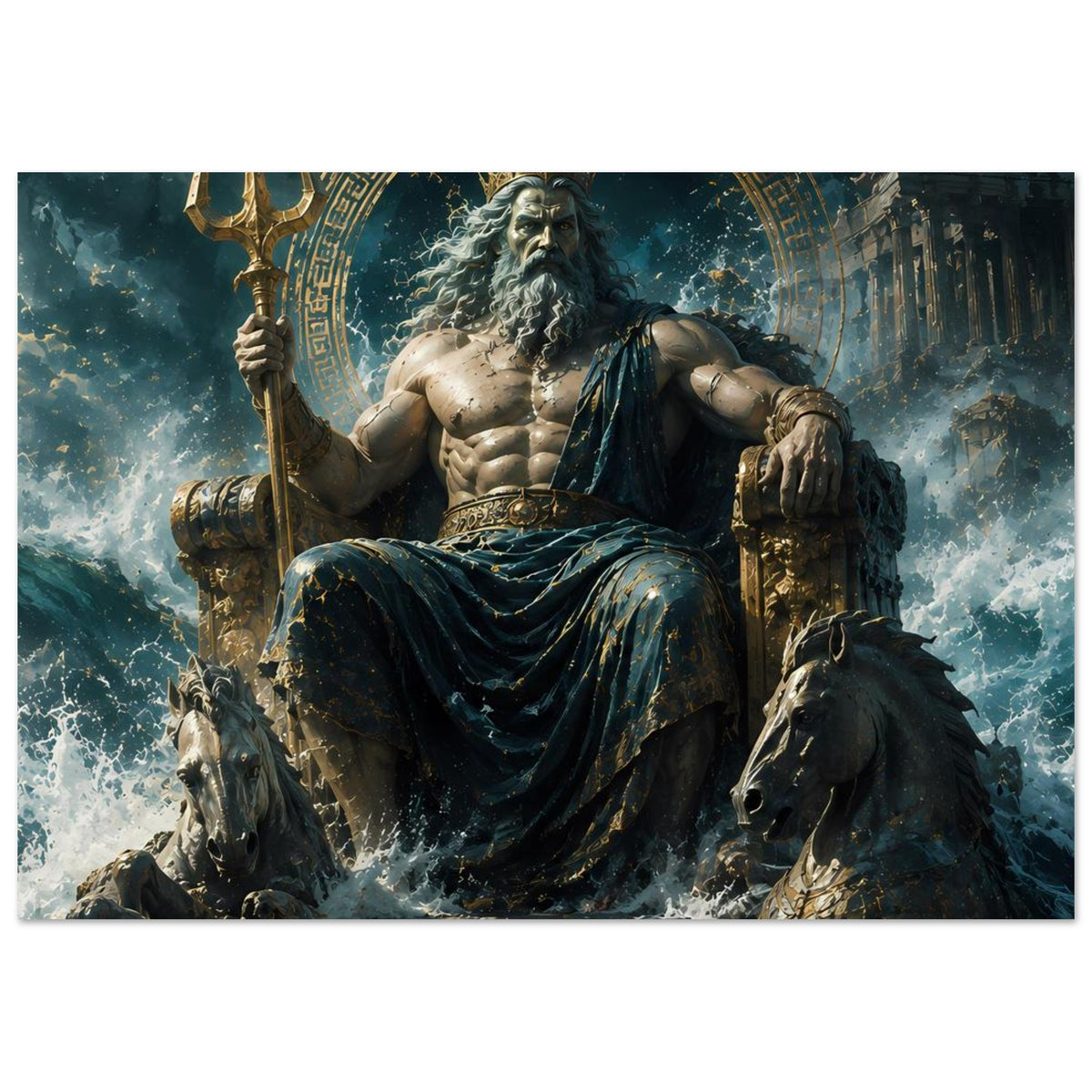 Poster im Querformat: Poseidon sitzt, Dreizack erhoben; Pferde und tobendes Wasser