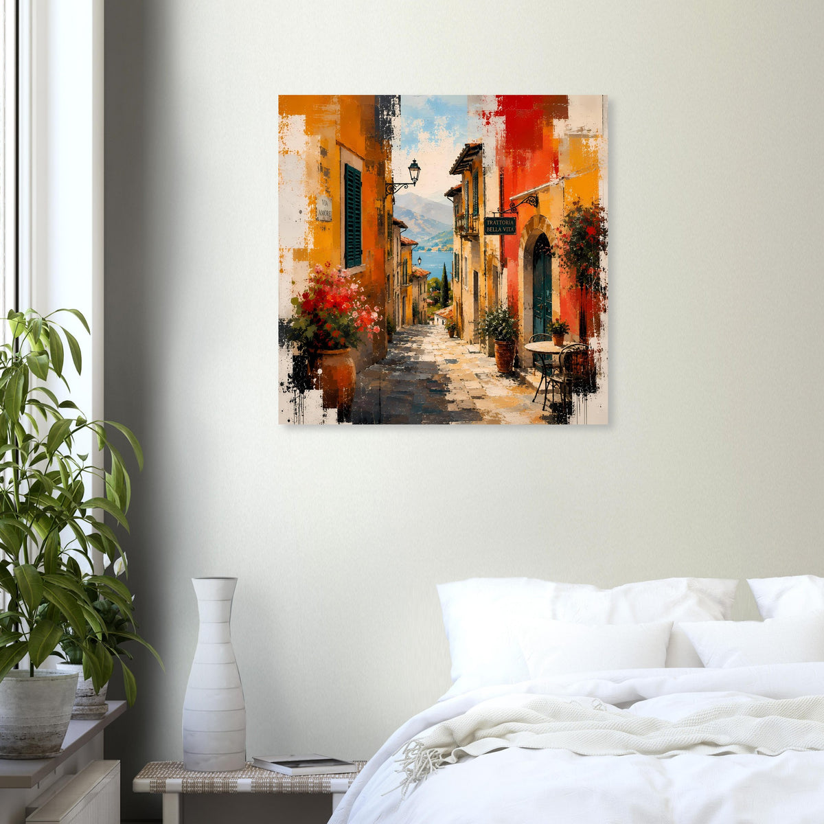 Poster mit mediterraner Gasse, orange-rote Hauswände und blühende Büsche