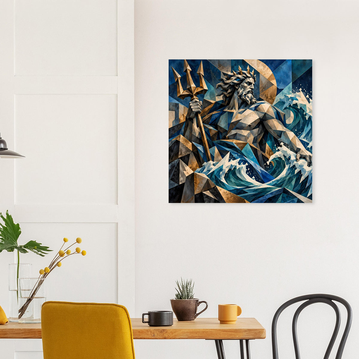 Quadratisches Poster mit Poseidon in Ozeanblau, goldenen Fragmenten und Meeresschimmern
