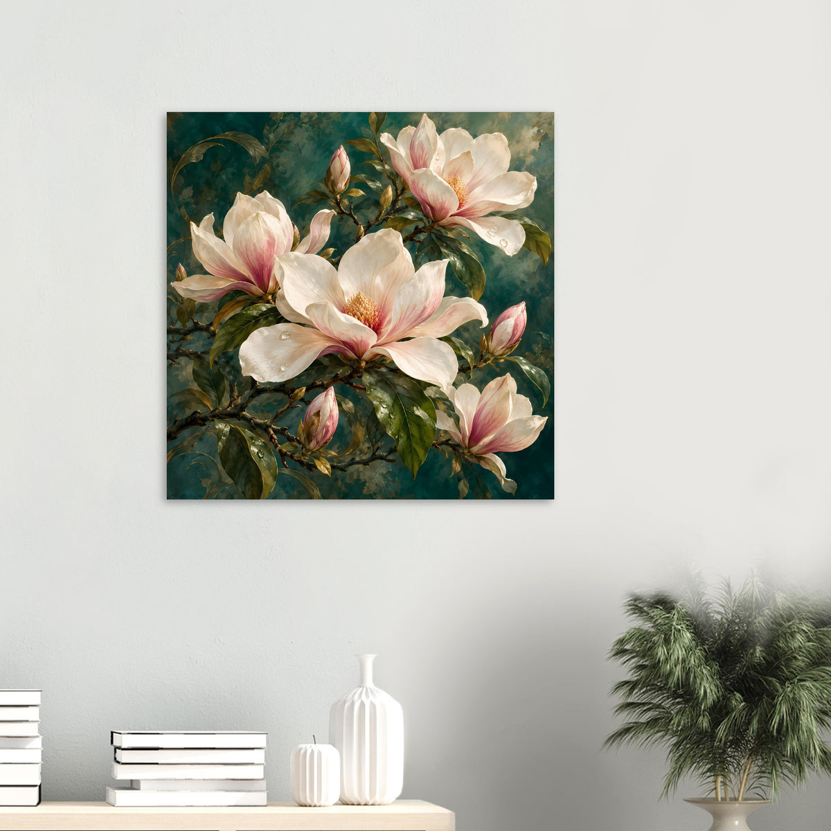 Quadratisches Magnolienposter in Creme und Rosa, mehrere Blüten an einem verzweigten Ast.