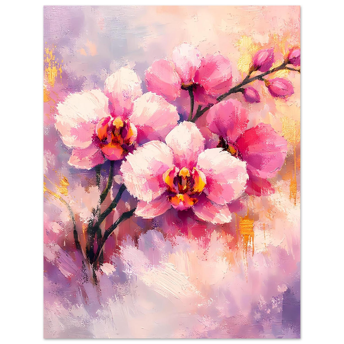 Poster mit Orchideenblüten in Rosa und Weiß sowie goldenen Farbtupfern