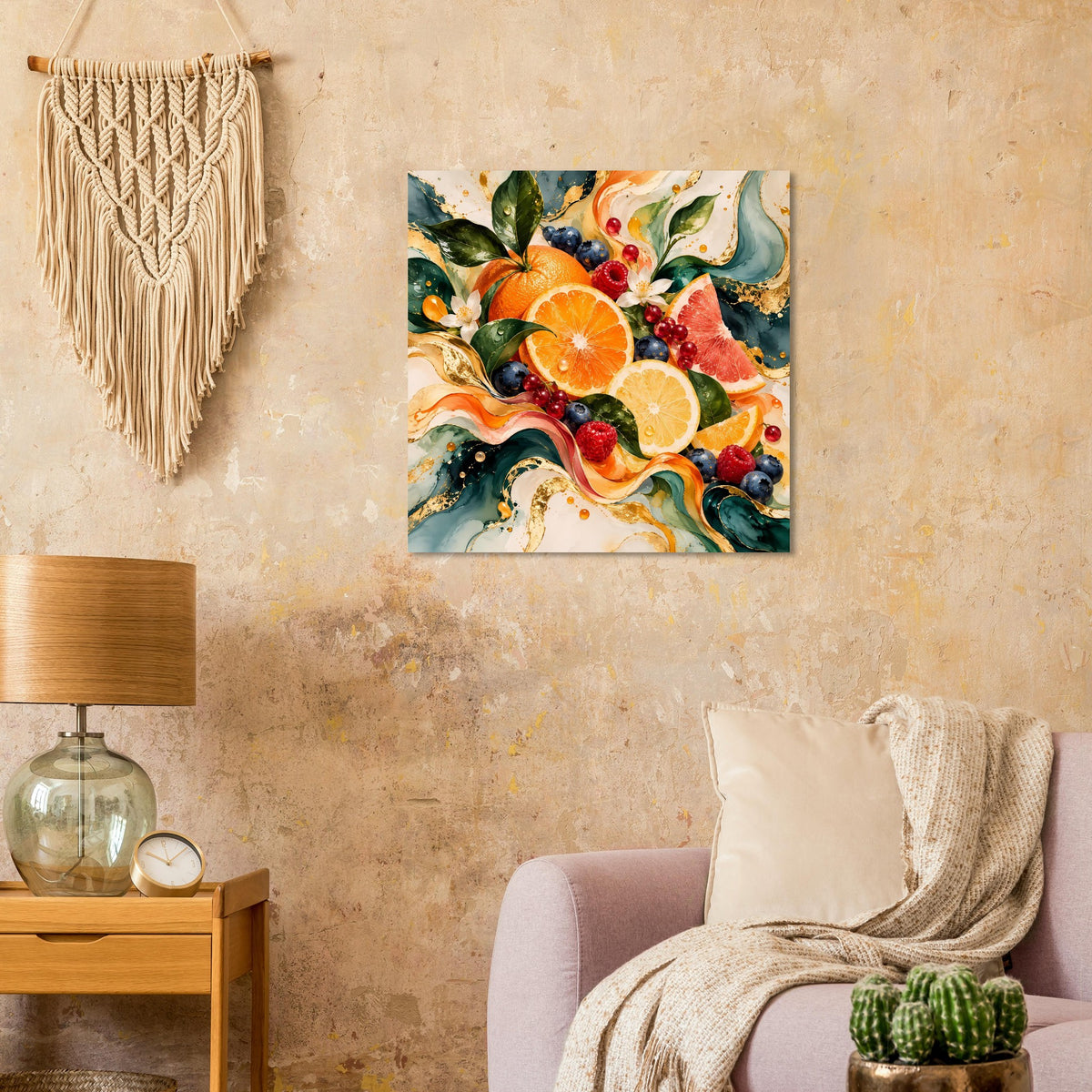 Wandposter mit buntem Früchtebild, Orangen, Grapefruit und Beeren, dekorative Goldspuren