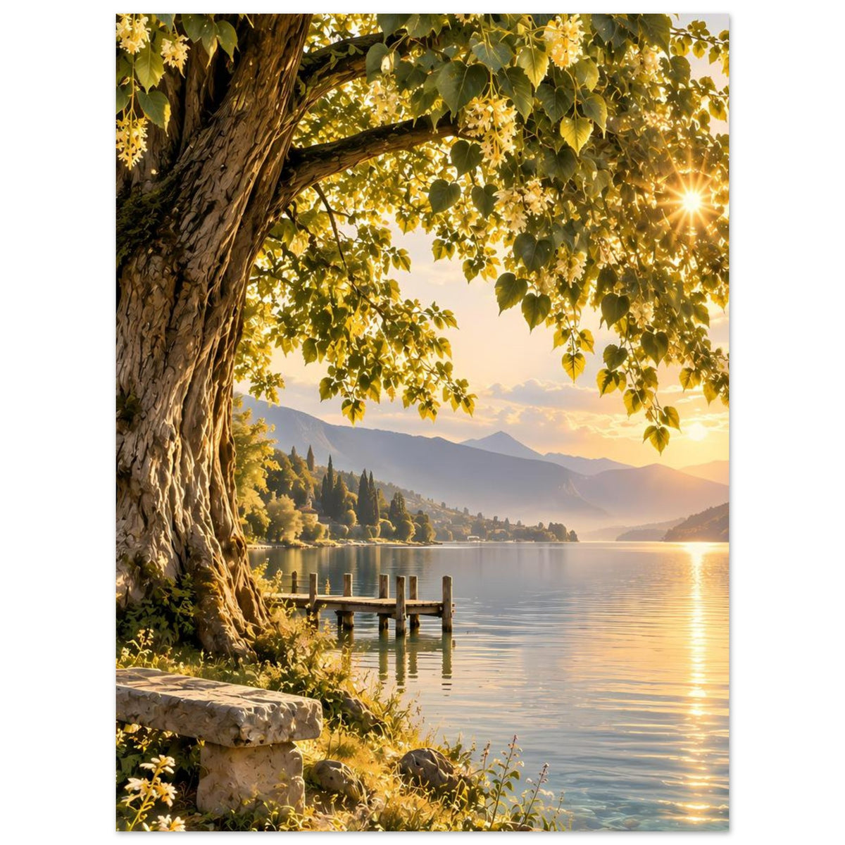 Poster mit Baumkrone, Seeufer und Holzsteg, warmes Abendlicht am Horizont