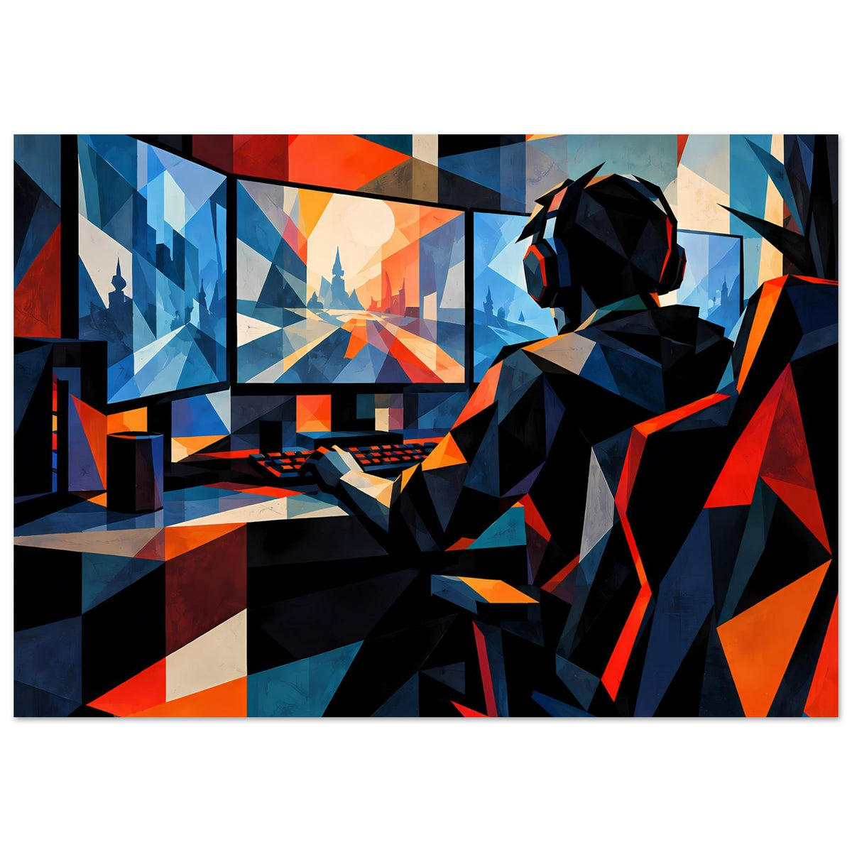 Gaming-Poster mit Kopfhörer-Gamer, Tastatur und abstrakten Flächen in Blau, Orange und Rot.