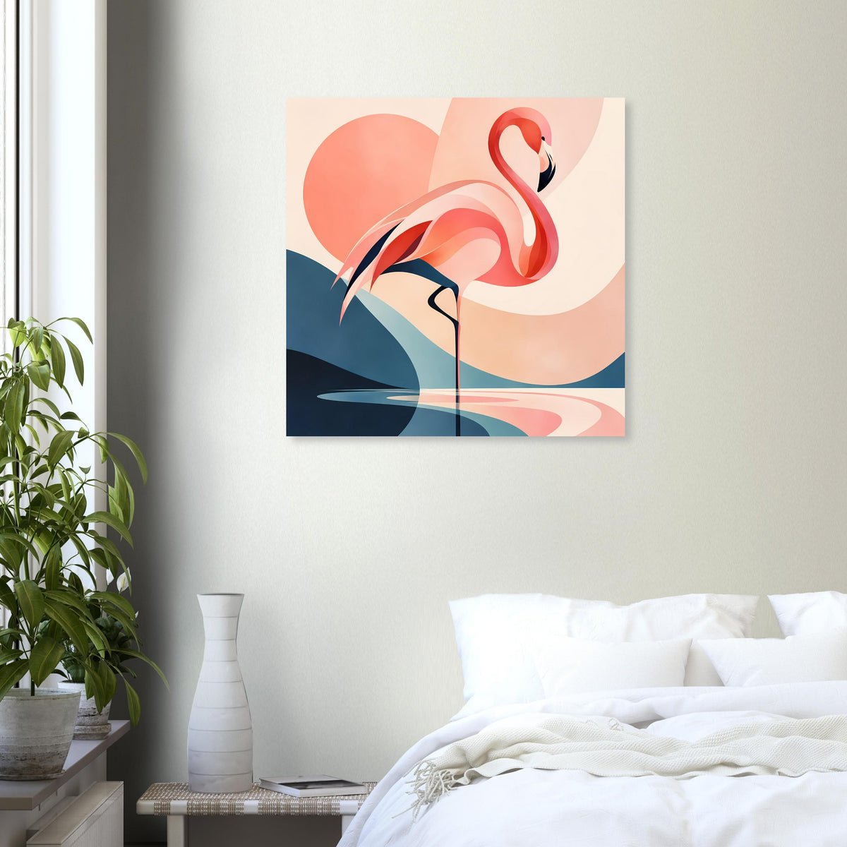 Quadratischer gerahmter Kunstdruck mit Flamingo-Illustration und Pastell-Sonnenuntergang