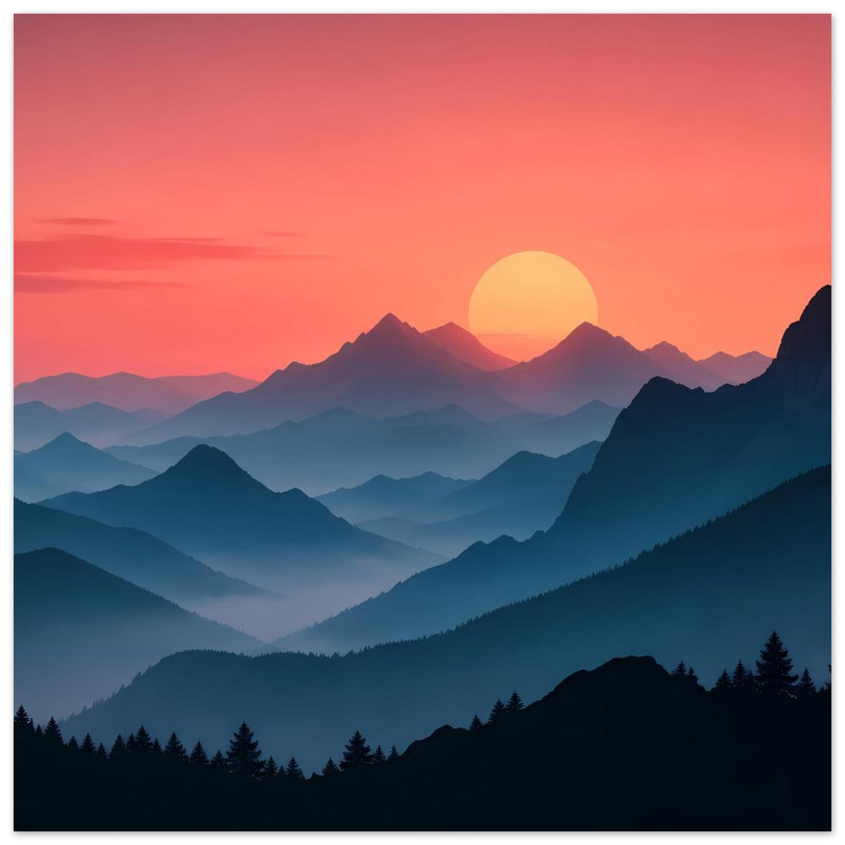 Landschaftsposter: Abendhimmel in Pastellfarben über blauen Bergketten mit Sonne
