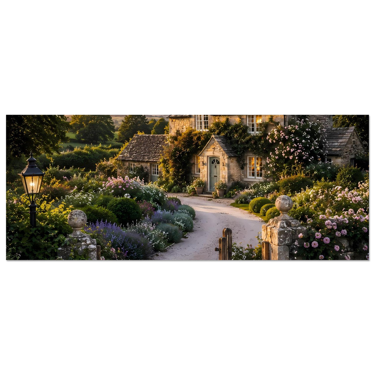 Premium-Poster im Querformat: Cottage mit Blumenbeeten, Weg und Torzaun bei Dämmerung