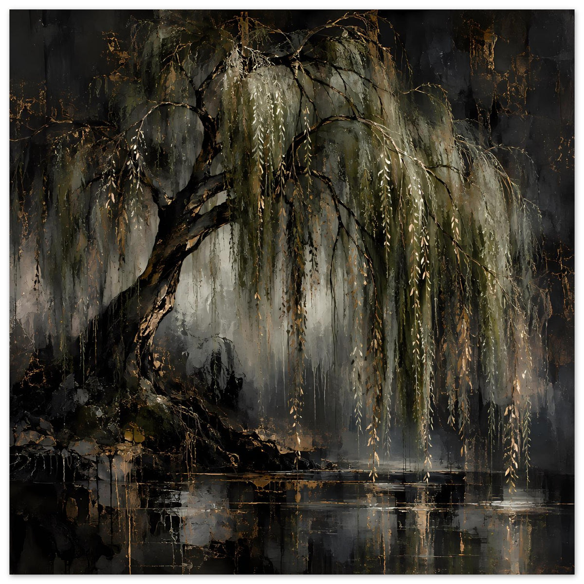 Naturposter mit Weide und goldenen Strähnen, Regen-/Nebel-Effekt über dunklem Wasser