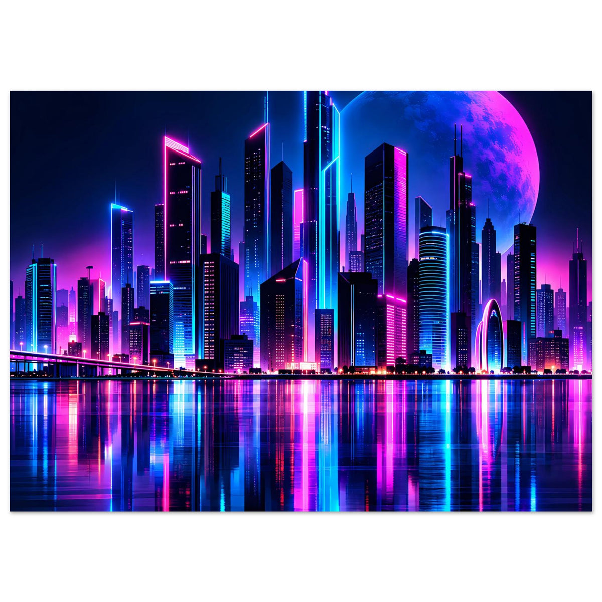 Neon-Stadtlandschaft Poster, panoramisch: leuchtende Hochhäuser, blauer Mond und Spiegelung