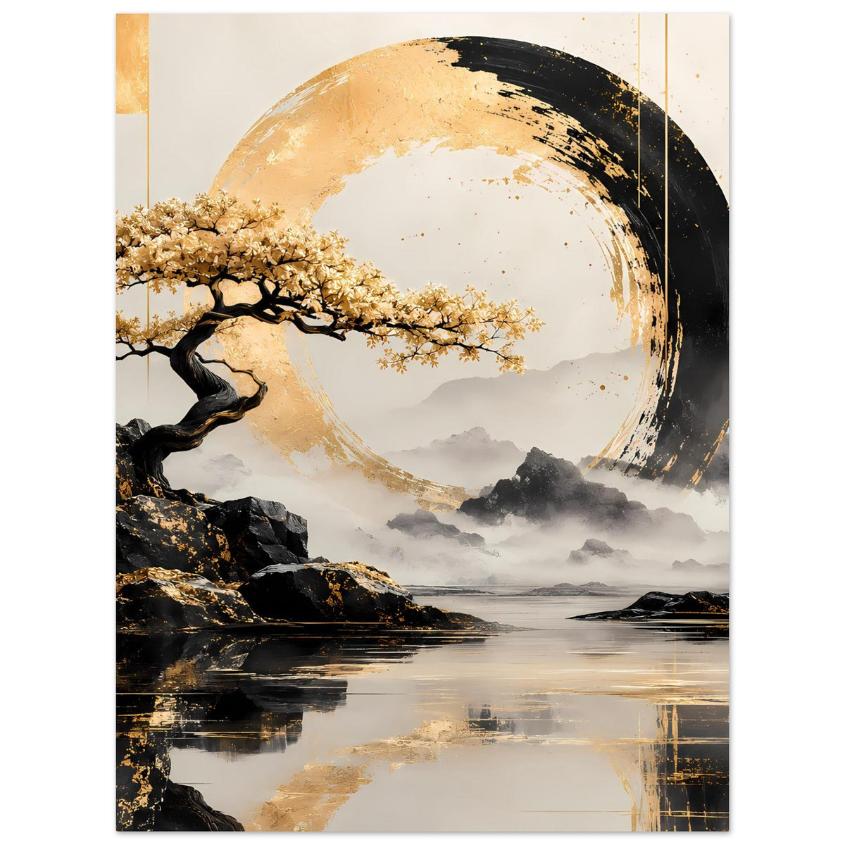 Poster im Hochformat mit gold-schwarzem Kreis, Bonsai-Baum, Nebel und See im Vordergrund