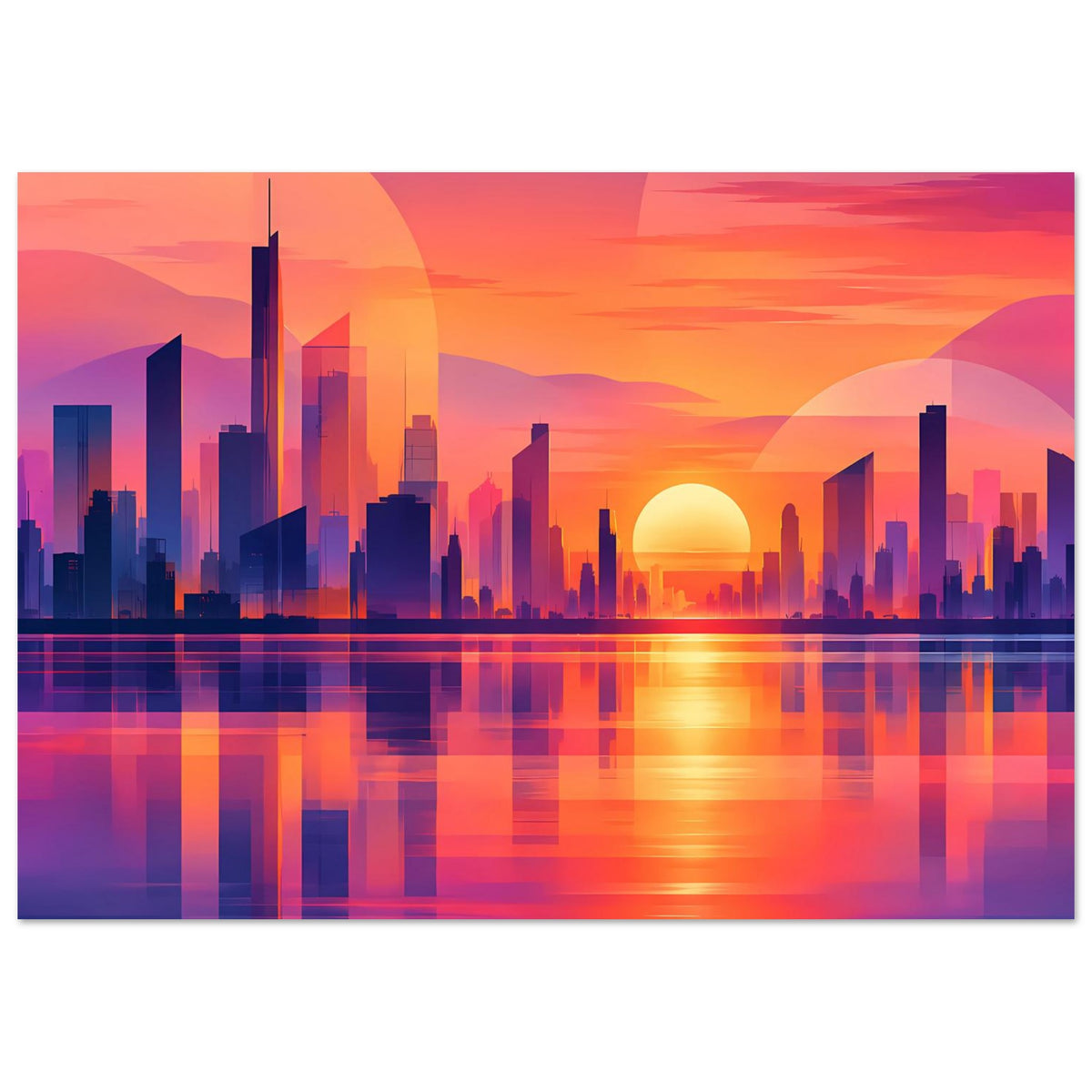 Horizontales Stadtposter mit Sonnenuntergang über Skyline und spiegelndem Fluss