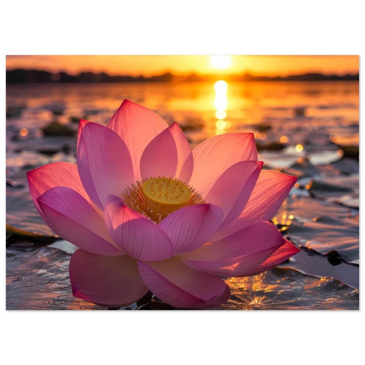Querformat-Poster mit Lotusblüte in Pink und Violett vor warmem Sonnenuntergang